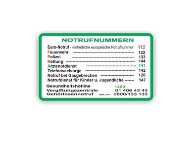 Notrufnummern Aufkleber für Österreich Sicherheitsaufkleber (R65/2)w
