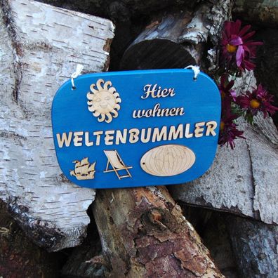 Geschenk für Urlaub Hier wohnen Weltenbummler aus Holz Ahornbrett