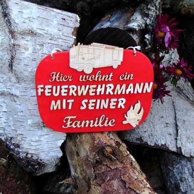 Holzscheibe mit Spruch für Feuerwehrmann mit seiner Familie Geschenk