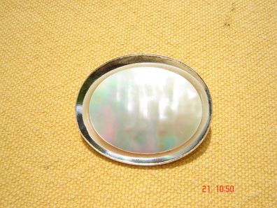 Vintage Brosche oval silberfarben mit Kunststein perlmutt ca 4,3 x 3,4 cm Z p