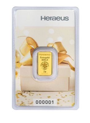 Heraeus 2 Gramm 999.9 Goldbarren Geschenkbarren Barren im Blister mit Zertifkat