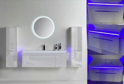 Badmöbel Set 90 cm komplett Vormontiert Weiß mit LED Spiegel und Heizplatte