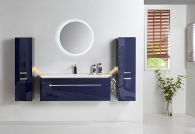 Badmöbel Set 120cm komplett Vormontiert Königsblau mit LED Spiegel und Heizplatte