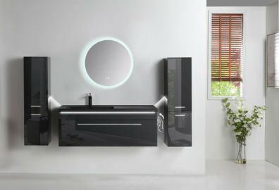 Badmöbel Set 120cm komplett Vormontiert Schwarz Granit LED Spiegel und Heizplatte
