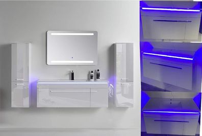 Badmöbel Set 5 Teilig 120 cm Hochglanz Weiß LED Spiegel Badezimmer Waschtisch
