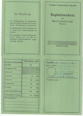 Registrierschein Betriebserlaubnis ABE SIMSON SR 2 Mofa Moped, Motorfahrrad, DDR