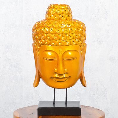 Buddha Maske KEPALA auf Standfuß Gold Albasia-Holz Handarbeit Deko Figur Indien