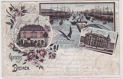 63676 Ak Lithographie Gruß aus Bremen Restaurant "Borkum", Freihafen, Börse 1899