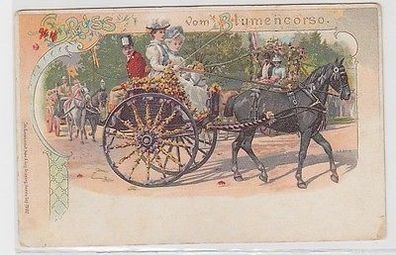 63781 Ak Lithographie Gruß vom Blumenkorso geschmückte Kutsche um 1900