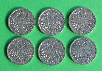 Lot 6 x 10 Pfennig Deutsches Kaiser Reich 1911 Münzen 3 x A + D + E + J