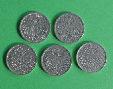 Lot 5 x 10 Pfennig Deutsches Kaiser Reich 1911 Münzen 2 x A + 2 x E + J