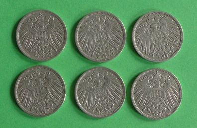 Lot 6 x 10 Pfennig Deutsches Kaiser Reich 1908 Münzen 3 x A + D + E + J