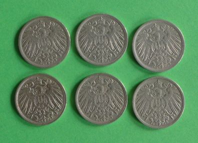 Lot 6 x 10 Pfennig Deutsches Reich 1908 Münzen 3 x A + D + E + F