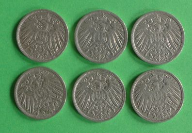Lot 6 x 10 Pfennig Deutsches Reich 1908 Münzen 3 x A + D + E + J