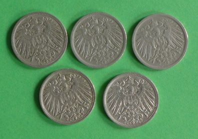 Lot 5 x 10 Pfennig Deutsches Reich 1908 Münzen 3 x A + D + E