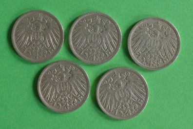 Lot 5 x 10 Pfennig Deutsches Reich 1908 Münzen 3 x A + D + F
