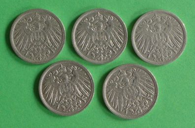 Lot 5 x 10 Pfennig Deutsches Reich 1908 Münzen 3 x A + D + G