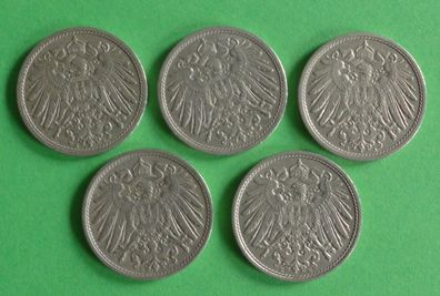 Lot 5 x 10 Pfennig Deutsches Kaiserreich 1908 Münzen 3 x A + D + E
