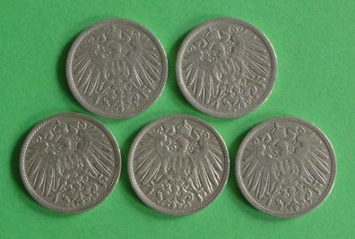 Lot 5 x 10 Pfennig Deutsches Kaiser Reich 1907 Münzen 2 x A + E + F + J