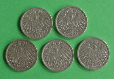 Lot 5 x 10 Pfennig Deutsches Reich 1907 Münzen 2 x A + D + E + G