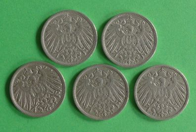 Lot 5 x 10 Pfennig Deutsches Reich 1907 Münzen 2 x A + D + E + F