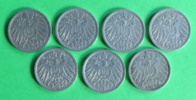 Lot 7 x 10 Pfennig Deutsches Reich 1906 Münzen 4 x A + D + E + F