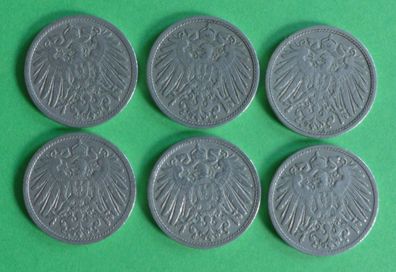 Lot 6 x 10 Pfennig Deutsches Reich 1906 Münzen 4 x A + D + F