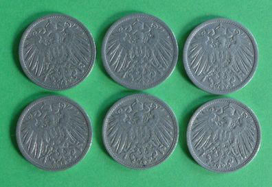 Lot 6 x 10 Pfennig Deutsches Reich 1906 Münzen 4 x A + D + E