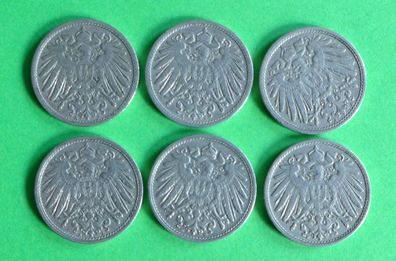 Lot 6 x 10 Pfennig Deutsches Kaiser Reich 1906 Münzen 4 x A + D + F