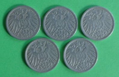 Lot 5 x 10 Pfennig Deutsches Kaiser Reich 1905 Münzen 3 x A + D + G