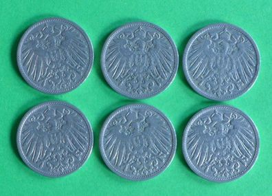 Lot 6 x 10 Pfennig Deutsches Reich 1900 Münzen 2 x A + D + E + 2 x F