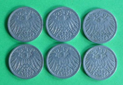 Lot 6 x 10 Pfennig Deutsches Kaiser Reich 1900 Münzen 2 x A + D + E + 2 x F