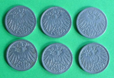 Lot 6 x 10 Pfennig Deutsches Kaiser Reich 1900 Münzen 3 x A + D + E + F
