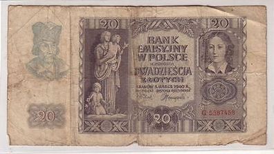 alte Banknote 20 Zloty Polen 1940