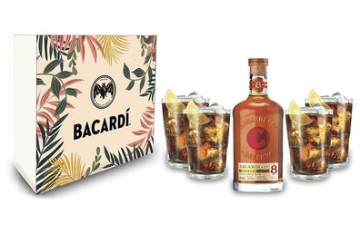 Bacardi Geschenkset - Bacardi Ron 8 Anos Gran Reserva Rum 0,7l (40% Vol) + 4er