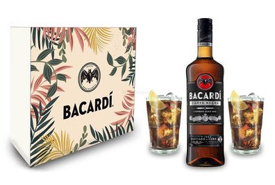 Bacardi Geschenkset - Bacardi Carta Negra Rum 0,7l 700ml (40% Vol) + 2er Set Gl