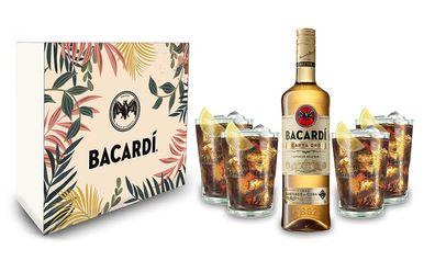 Bacardi Geschenkset - Bacardi Carta Oro Gold Rum 0,7l (40% Vol) + 4er Set Gläse
