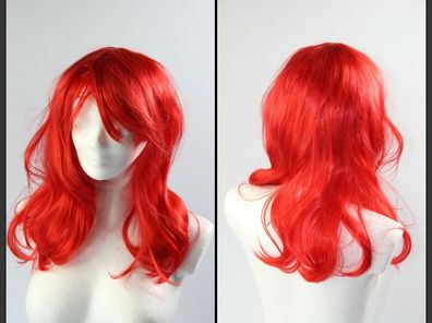 Damen Perücke Rot Glatt Wellenförmige Haare 28inch 70cm Kunsthaar Kostüm Knallrot