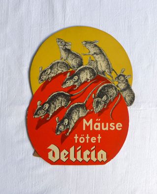 Pappschild Delicia tötet Mäuse DDR Reklame Werbung