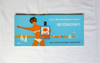 Pappschild zum Sonnenbaden nimm antisolan Thüringer Nusshautöl DDR Suhl 1974 DRW