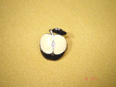 Vintage Brosche silberfarben emailliert Apfel schwarz-weiß Z p