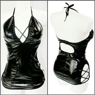 Minirock Kleid mit Schnüren Schwarz Lederoptik Mini Rock Wetlook Naßefekt M L XL