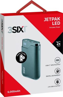 3SIXT - JetPak LED 6.000mAh handliche Powerbank mit USB-C™ und USB-A Anschluss