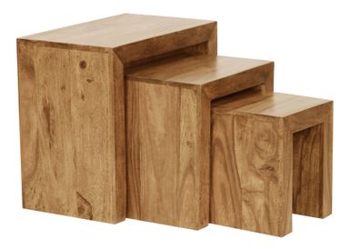 Wohnling Akazie 3-teiliger Satztisch MUMBAI Massiv Beistelltisch Holz Couchtisch