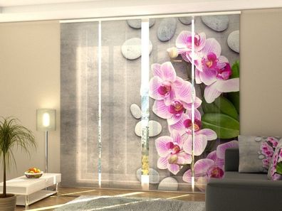 Foto-Schiebegardine pinke Orchidee auf Stein, Flächenvorhang mit Motiv, auf Maß