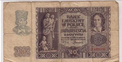 alte Banknote 20 Zloty Polen 1940