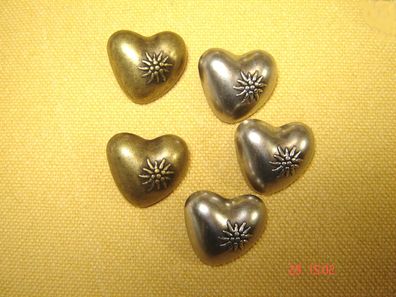 5 Metall Knöpfe plastisches Herz m Edelweiß 3 Farben 40" 2,3 cm Trachtenknopf