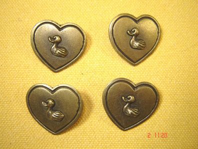 4 Zierknöpfe Trachtenknopf großes Herz mit Ente altmessingfarben 3 cm p