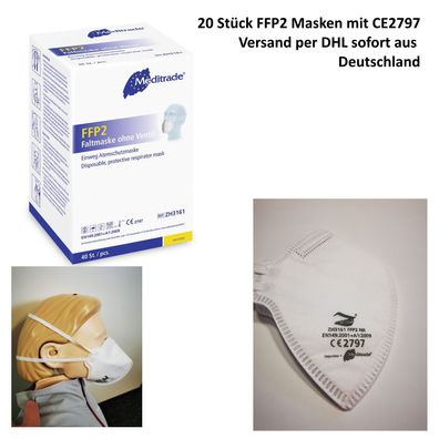 20 FFP2 NR Masken ohne Ventil Feinstaubmaske Atemschutzmaske CE2797 Meditrade