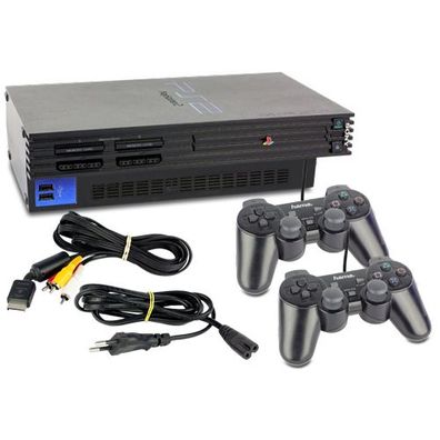 PS2 Konsole Fat in Schwarz + 2 Ähnlicher Controller + alle Kabel